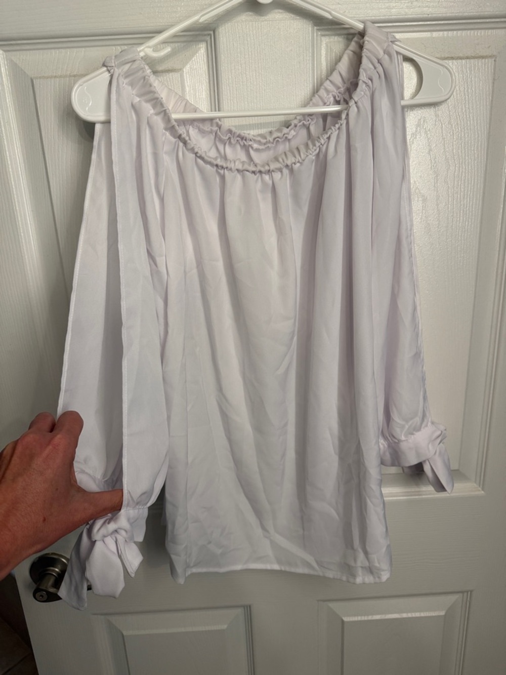 White Off-Shoulder Tie-Sleeve Women's Top